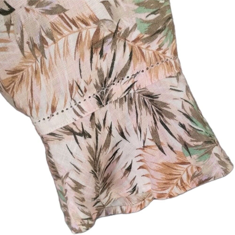 Linen Pink Tan Tropical Top Sz XS Palm Trees V Neck Flounce Sleeves Resort Coast - Picture 4 of 11